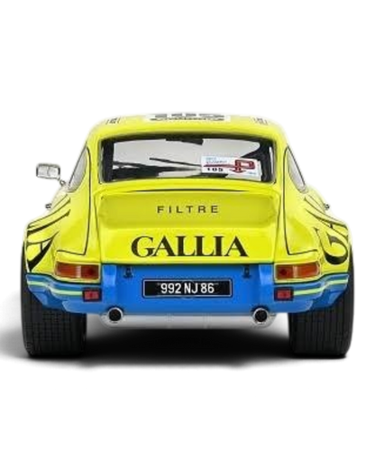 VaultifyUK 1:18 scale yellow Porsche 911 RSR #105 diecast model car, rear view showing Gallia livery and racing details.