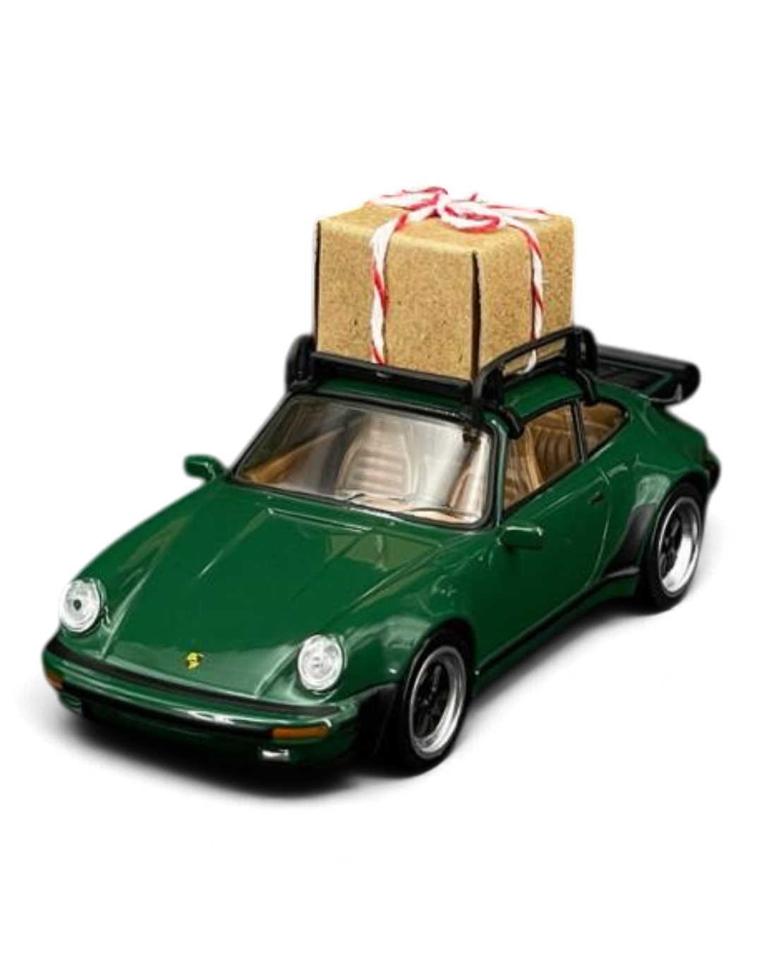 VaultifyUK 1:43 scale green 1978 Porsche 911 Turbo Christmas Edition model car with a gift box on the roof rack