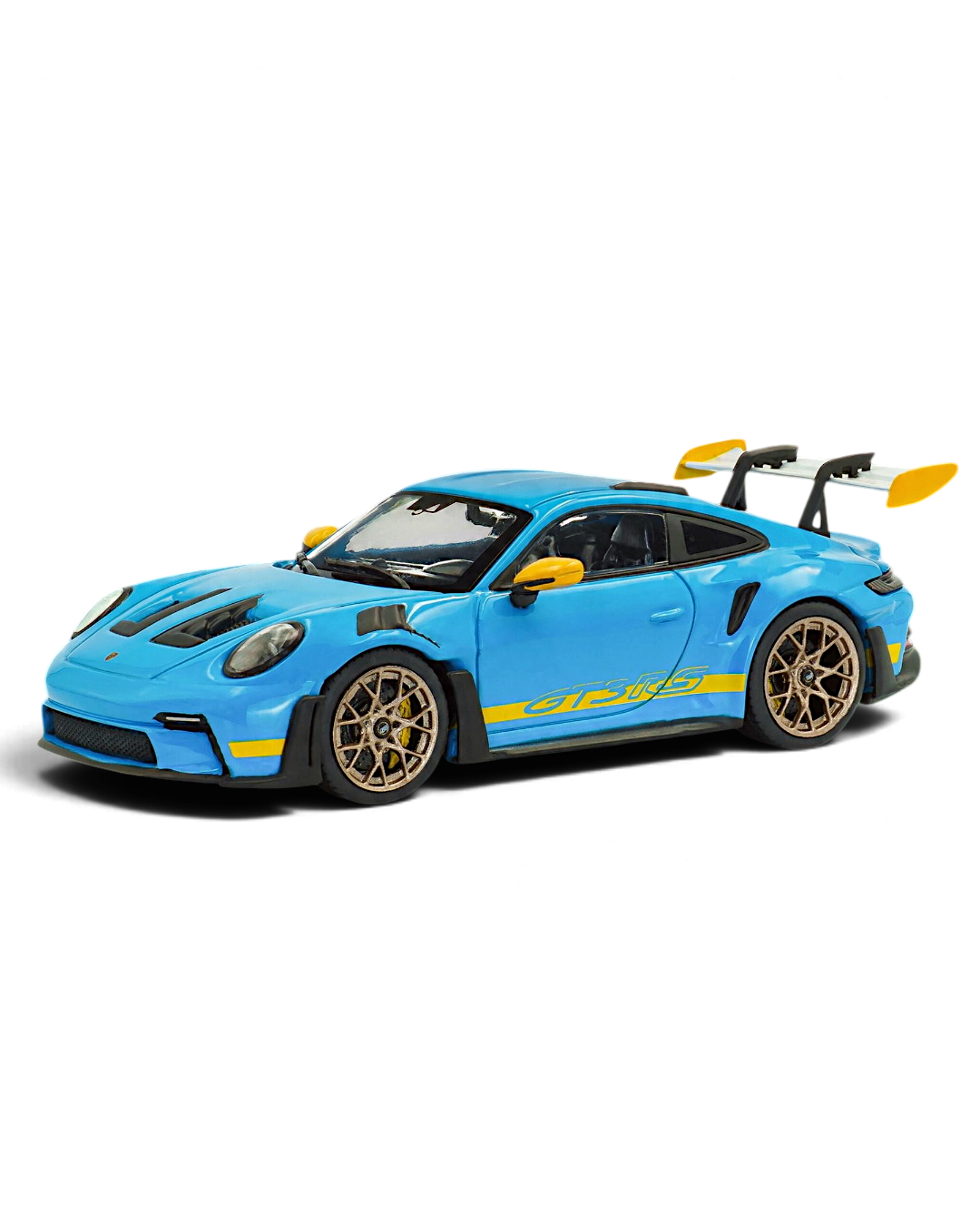 VaultifyUK 1:43 scale Solido Porsche 911 992 GT3 RS model in Riviera Blue with yellow accents and gold wheels