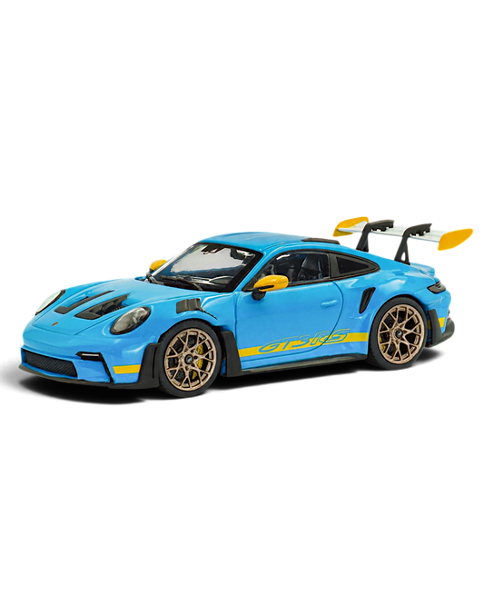 VaultifyUK 1:43 scale Solido Porsche 911 992 GT3 RS model in Riviera Blue with yellow accents and gold wheels