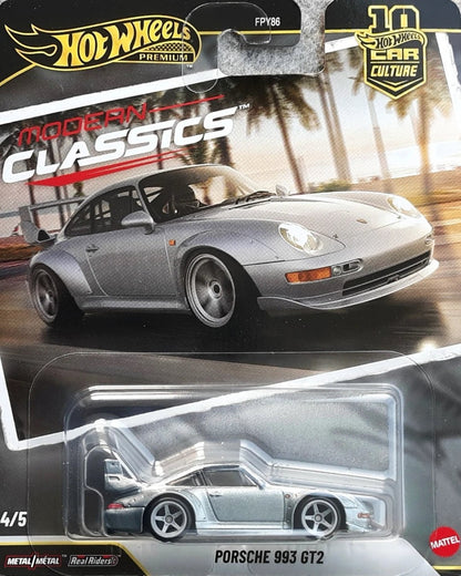 VaultifyUK Hot Wheels Premium Modern Classics Porsche 993 GT2 die-cast car in silver packaging