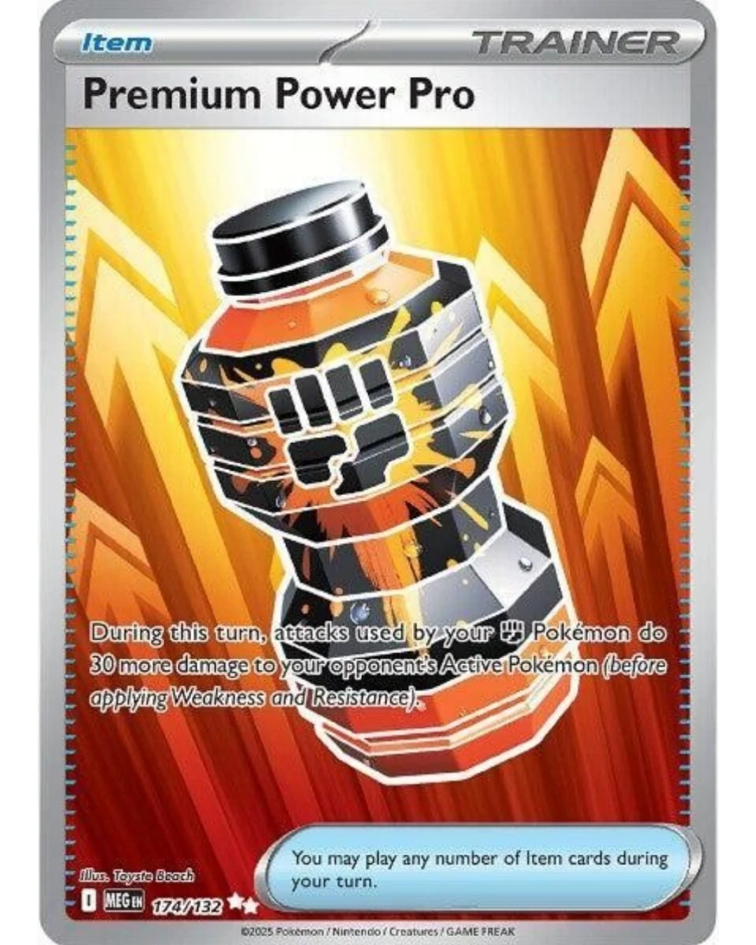 VaultifyUK Pokémon TCG Premium Power Pro 174/132 full-art Item card featuring a Fighting-type energy drink illustration.