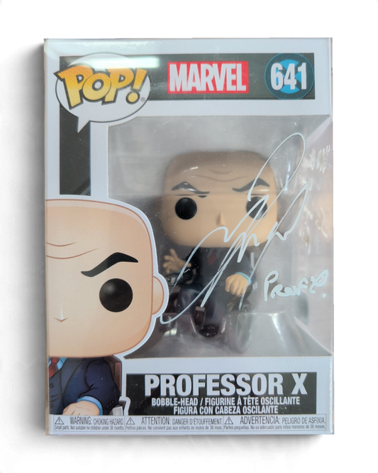 VaultifyUK signed Professor X Funko Pop #641 with James McAvoy autograph and inscription on the display window