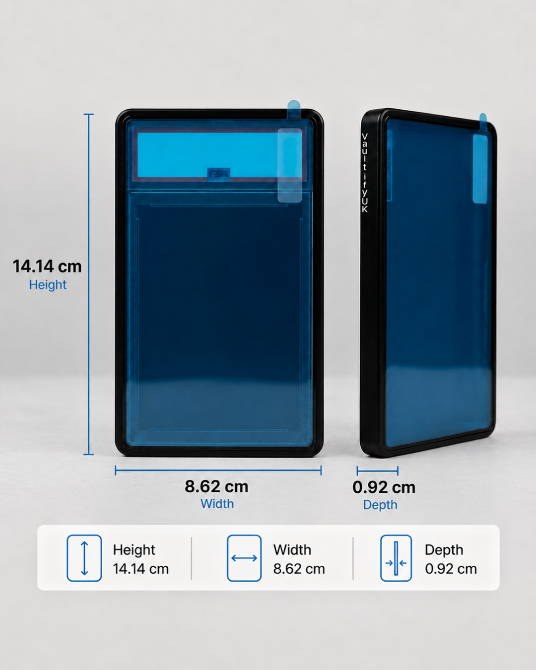 VaultifyUK PSA slab display case dimensions showing 14.14 cm height, 8.62 cm width and 0.92 cm depth