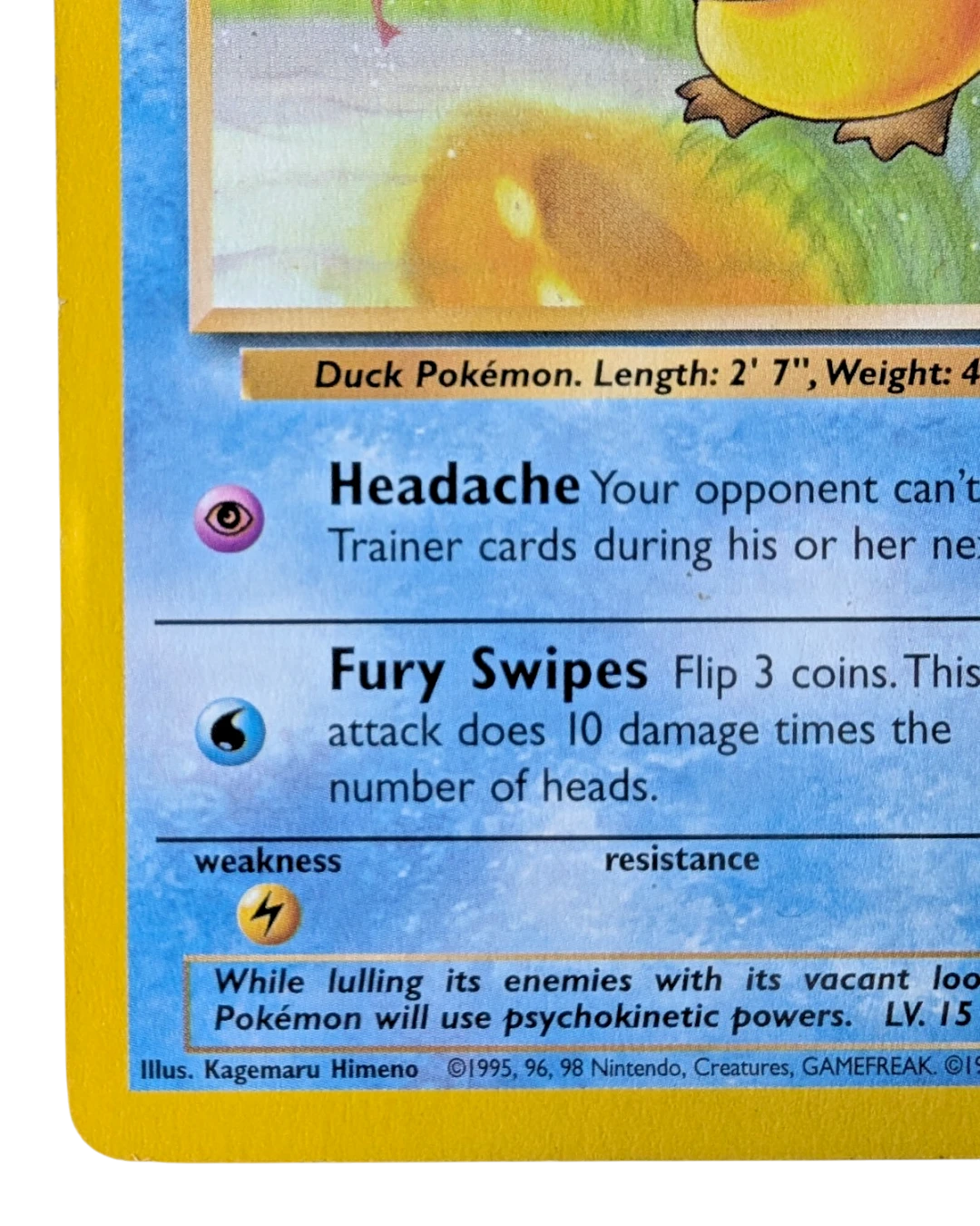 VaultifyUK Fossil expansion Psyduck Pokémon card showing attack details and Kagemaru Himeno illustration credit