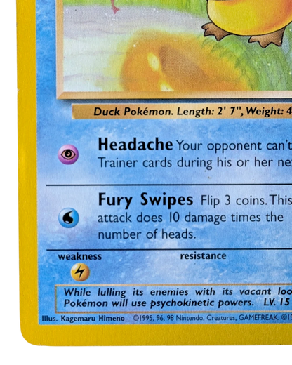 VaultifyUK Fossil expansion Psyduck Pokémon card showing attack details and Kagemaru Himeno illustration credit