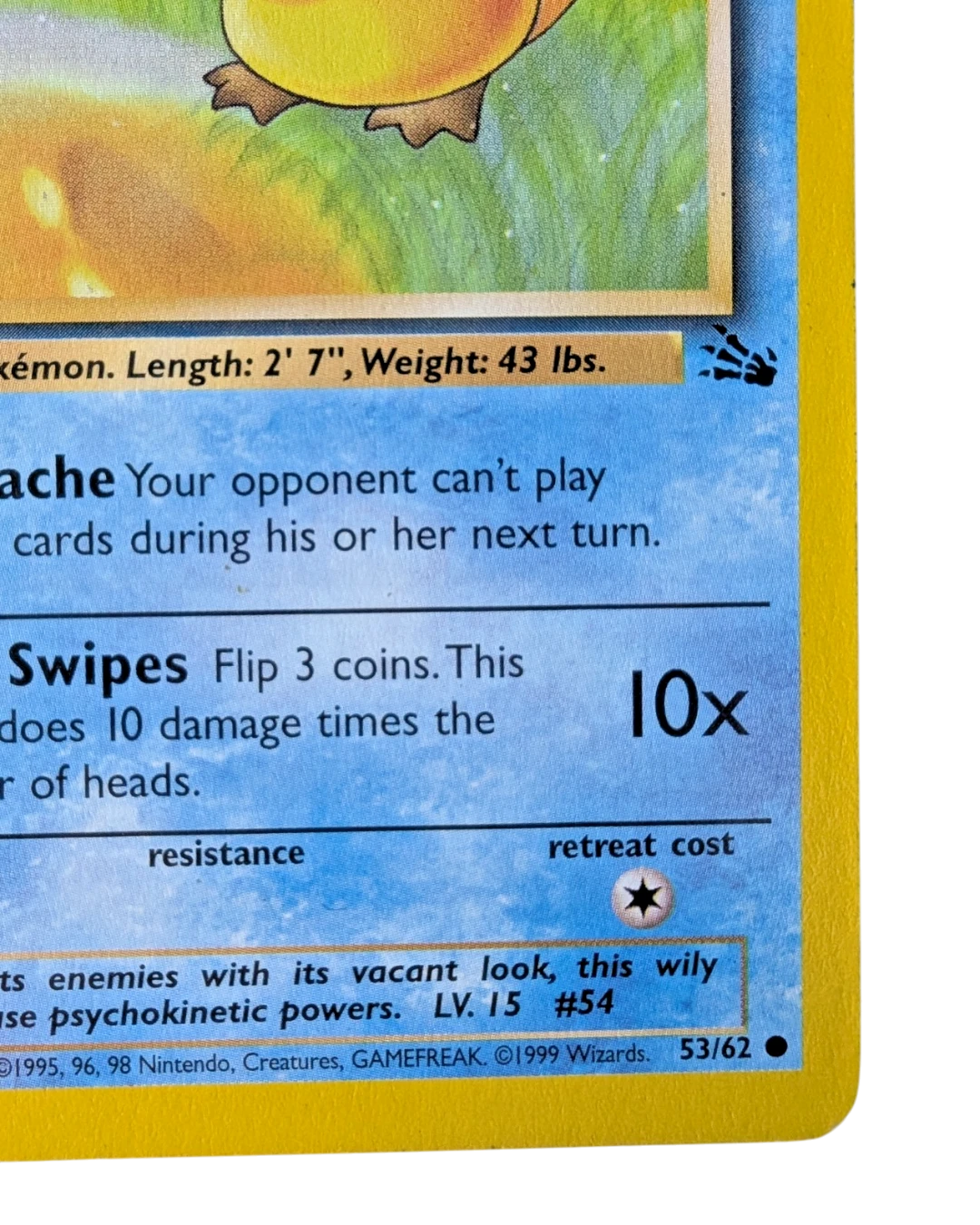 VaultifyUK vintage Psyduck Fossil expansion Pokémon card with non-holo finish and Wizards of the Coast branding