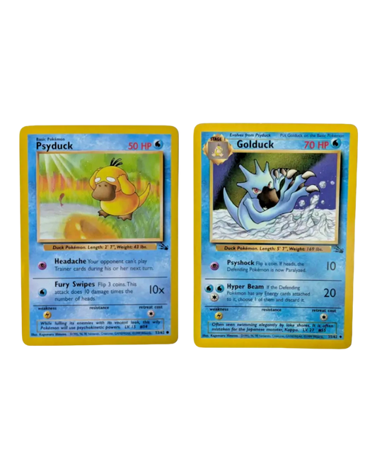 VaultifyUK Pokémon TCG Fossil set featuring Psyduck and Golduck non-holo cards in lightly played to near mint condition.
