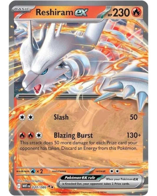 VaultifyUK Reshiram ex 20/86 holofoil trading card from the Scarlet and Violet White Flare expansion in near mint state