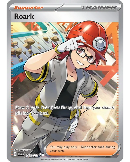 VaultifyUK Pokémon TCG Roark 242/182 Paradox Rift full-art Ultra Rare trainer card featuring the Sinnoh Gym Leader