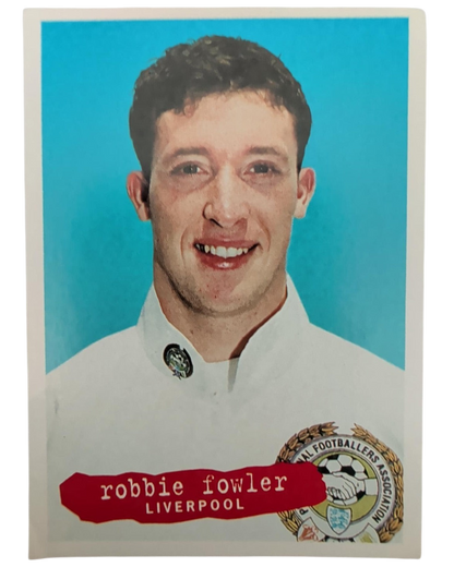 VaultifyUK 1996 Panini Robbie Fowler Liverpool football sticker featuring a portrait on a bright blue background