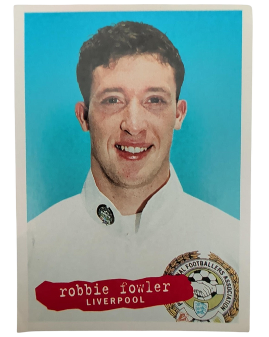 VaultifyUK 1996 Panini Robbie Fowler Liverpool football sticker featuring a portrait on a bright blue background