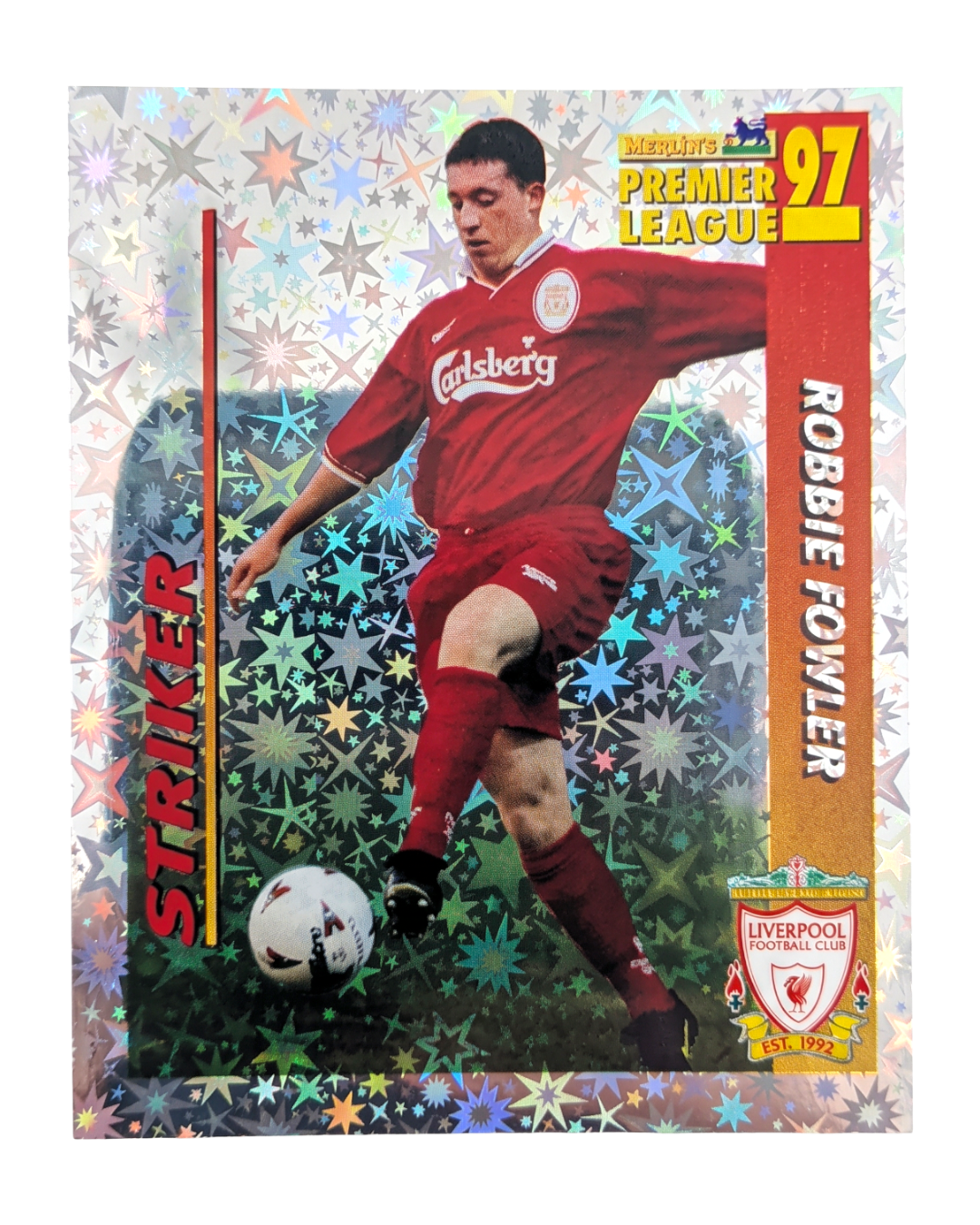 VaultifyUK 1997 Merlin Premier League Robbie Fowler Striker foil sticker featuring Liverpool home kit in action