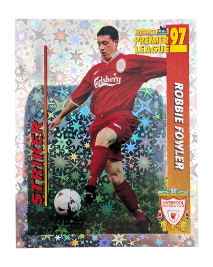 VaultifyUK 1997 Merlin Premier League Robbie Fowler Striker foil sticker featuring Liverpool home kit in action