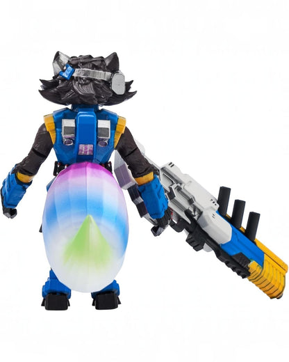 VaultifyUK ZD Toys Marvel Super War Rocket Raccoon 1/10 scale action figure back view with colorful tail and blaster