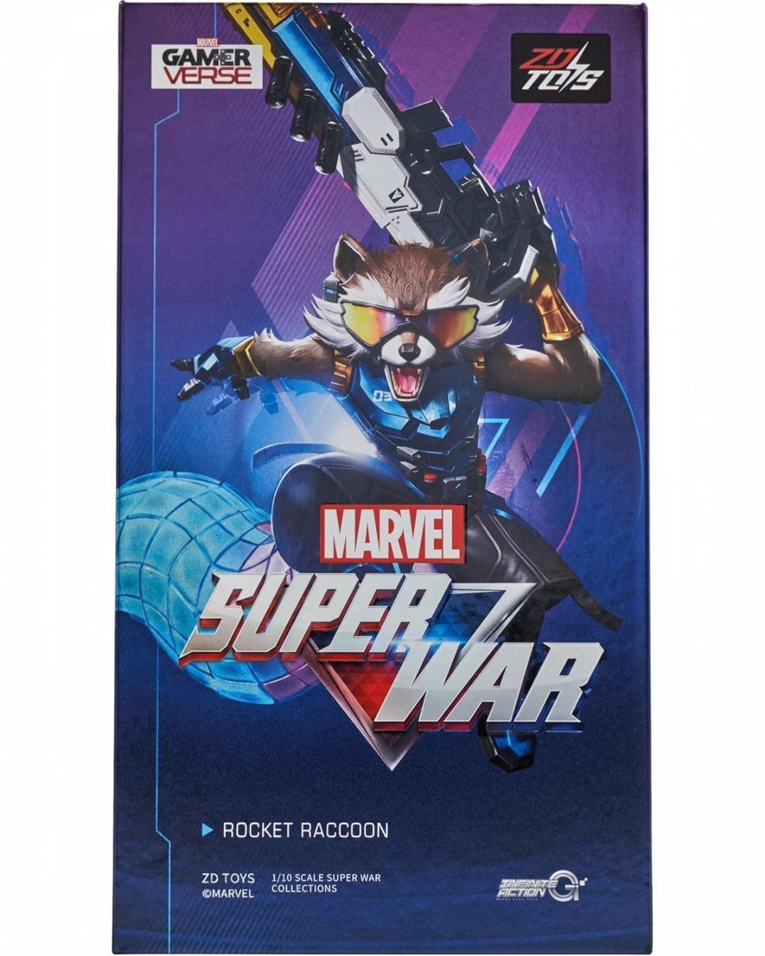 VaultifyUK ZD Toys Marvel Super War Rocket Raccoon 1/10 scale action figure packaging box with character artwork