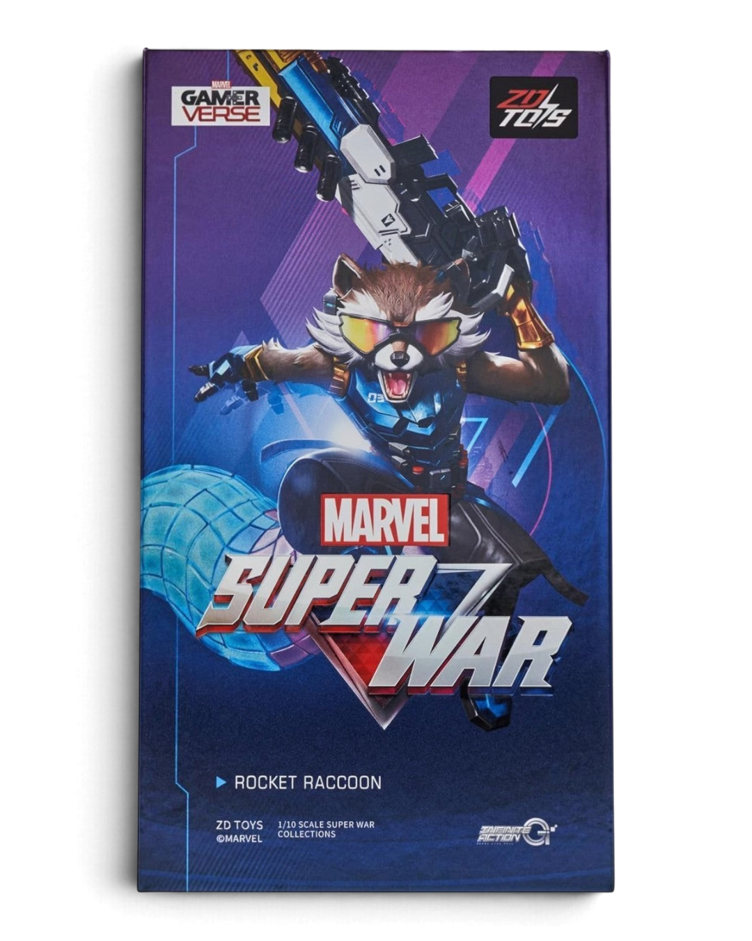 VaultifyUK ZD Toys Marvel Super War Rocket Raccoon 1/10 scale action figure packaging box with character artwork