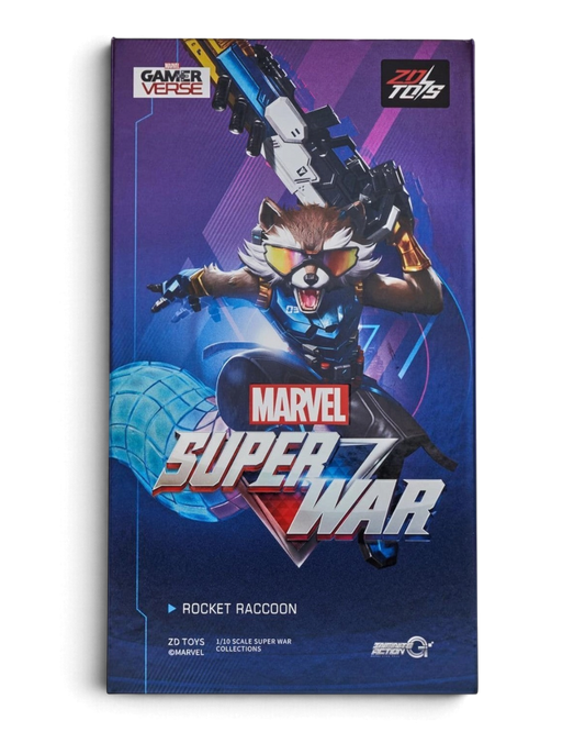 VaultifyUK ZD Toys Marvel Super War Rocket Raccoon 1/10 scale action figure packaging box with character artwork