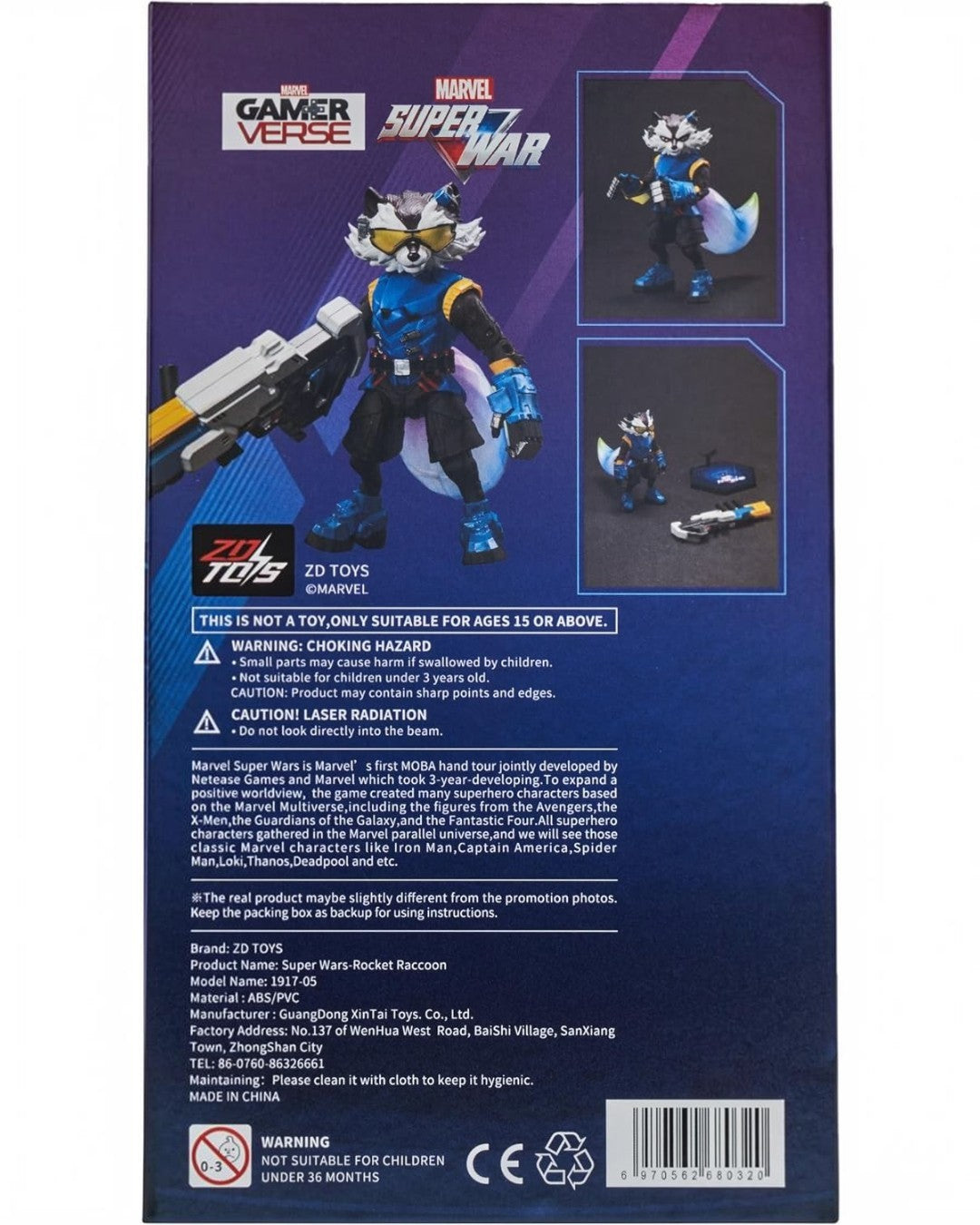 VaultifyUK ZD Toys Marvel Super War Rocket Raccoon action figure packaging showing character details and accessories