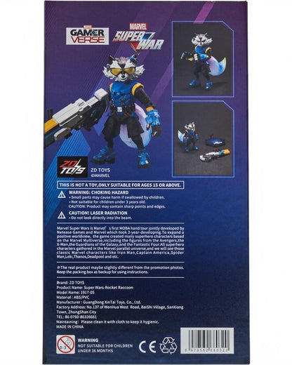 VaultifyUK ZD Toys Marvel Super War Rocket Raccoon action figure packaging showing character details and accessories