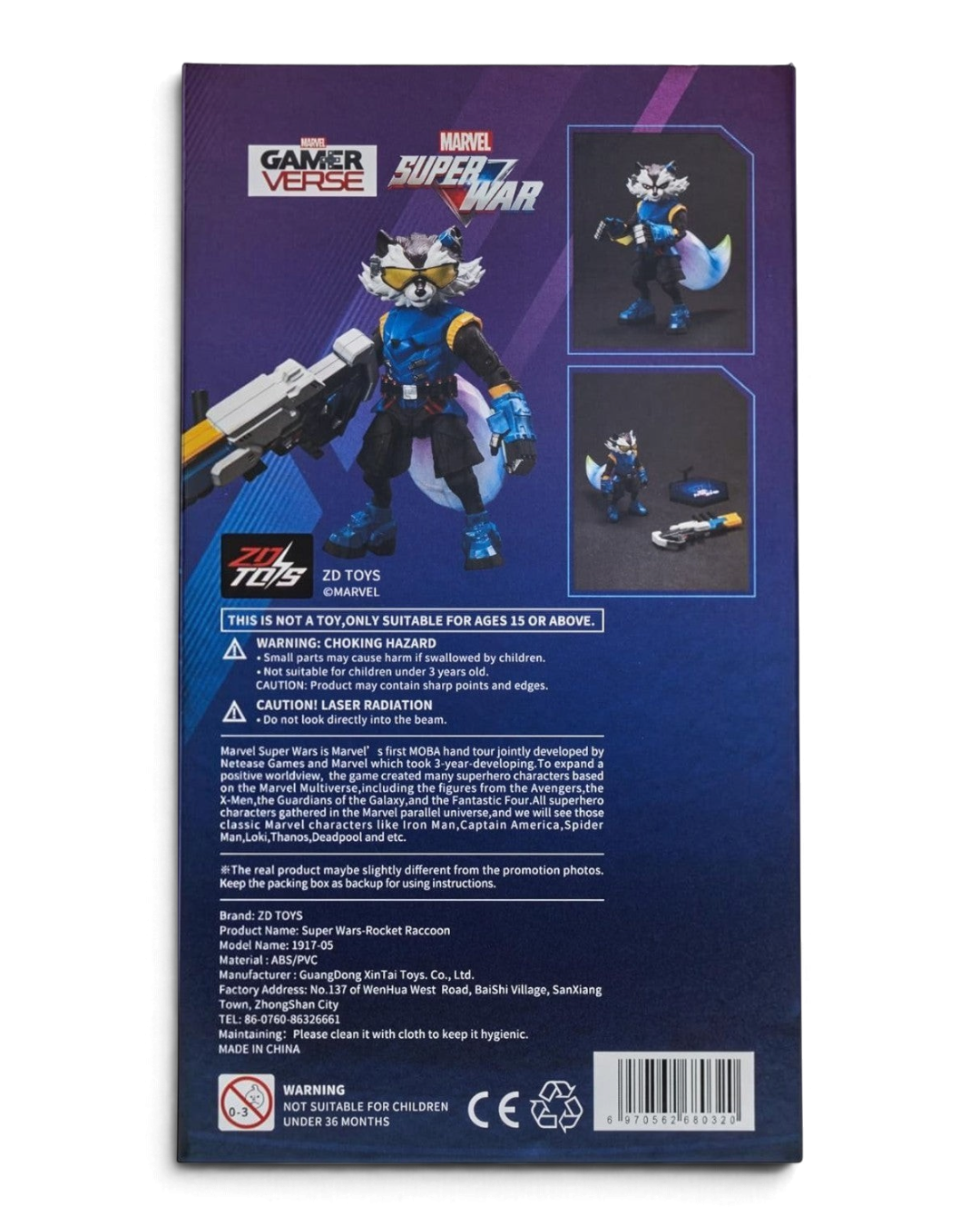 VaultifyUK ZD Toys Marvel Super War Rocket Raccoon action figure packaging showing character details and accessories