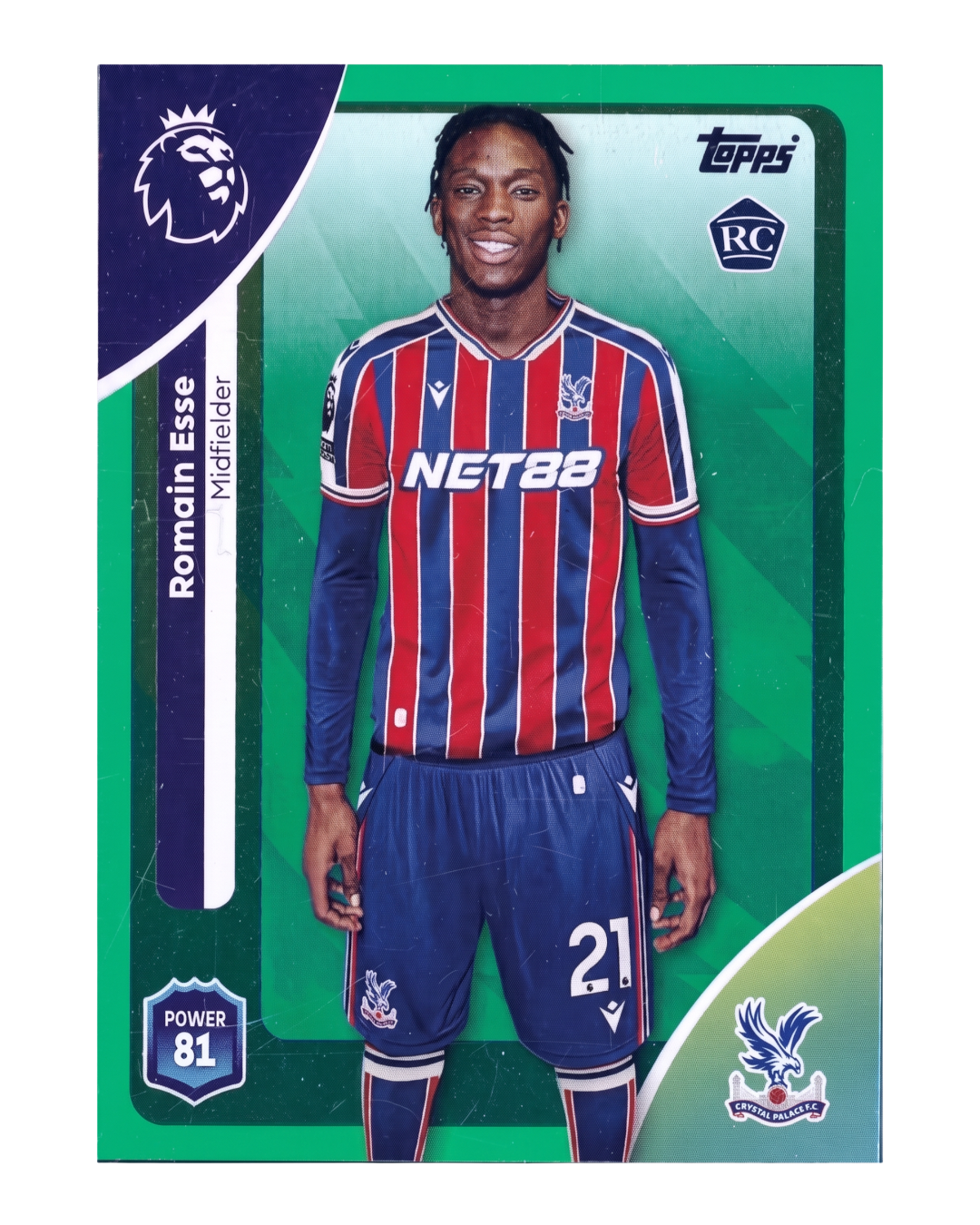 VaultifyUK Romain Esse 2025/26 Topps Premier League Green Parallel rookie card featuring Crystal Palace midfielder