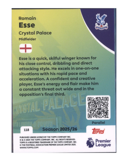 VaultifyUK Romain Esse 2025/26 Topps Premier League rookie card back featuring Crystal Palace player details