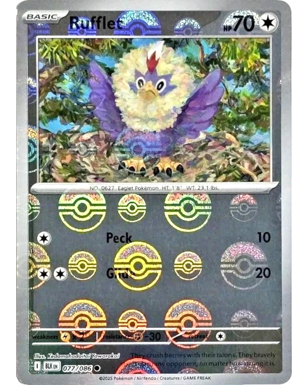 VaultifyUK Pokémon TCG Rufflet 077/086 Black Bolt Poké Ball reverse holo card with unique foil pattern