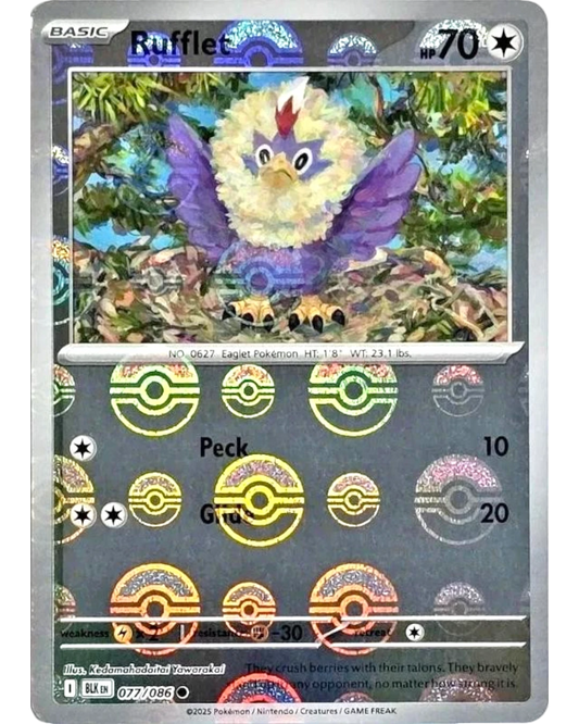 VaultifyUK Pokémon TCG Rufflet 077/086 Black Bolt Poké Ball reverse holo card with unique foil pattern