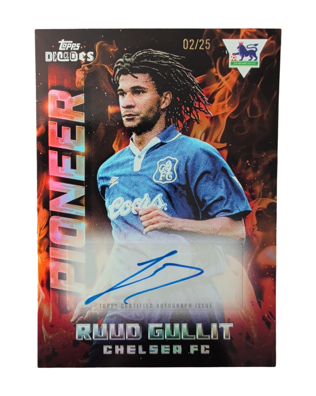 VaultifyUK Topps Decades Ruud Gullit Chelsea FC Pioneer autograph trading card numbered 02/25 with fiery background