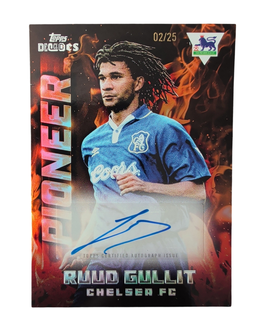 VaultifyUK Topps Decades Ruud Gullit Chelsea FC Pioneer autograph trading card numbered 02/25 with fiery background