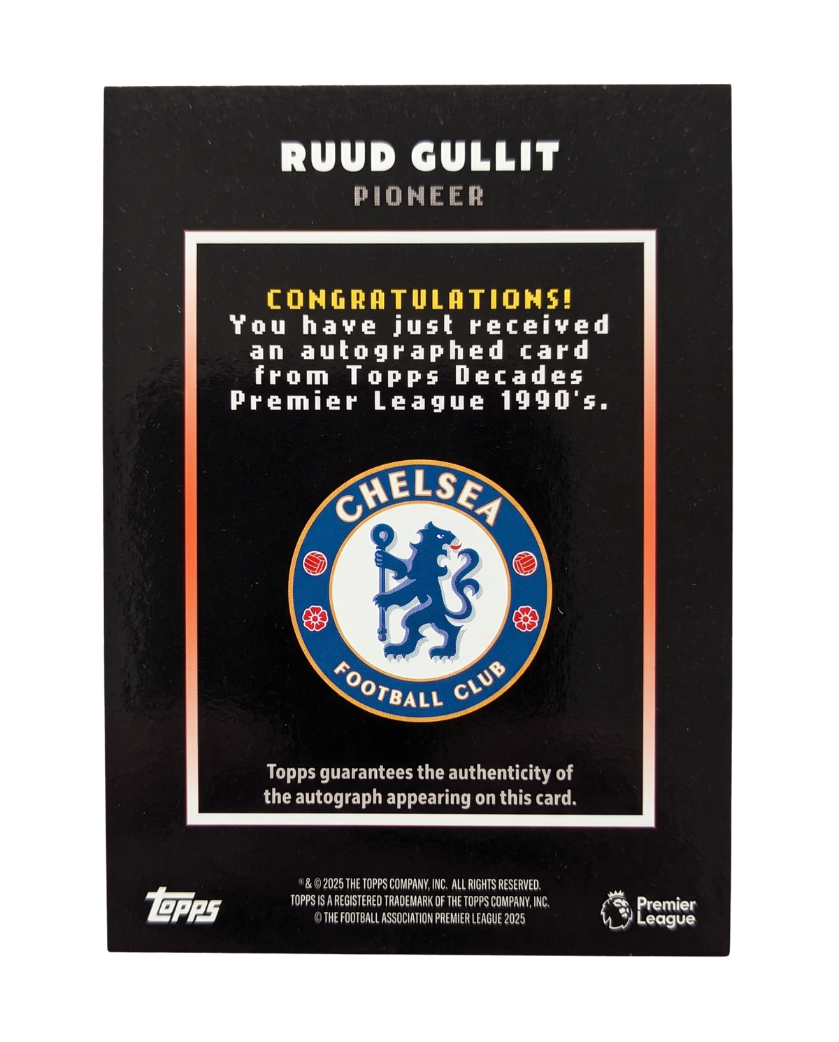 VaultifyUK Topps Decades Premier League 1990s Ruud Gullit Pioneer autograph card back with Chelsea FC logo