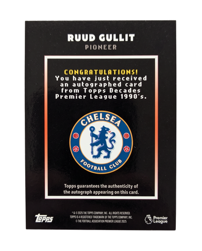 VaultifyUK Topps Decades Premier League 1990s Ruud Gullit Pioneer autograph card back with Chelsea FC logo