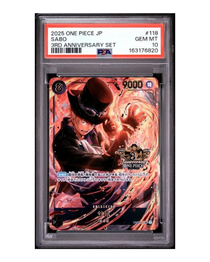 VaultifyUK PSA 10 graded Sabo OP07-118 3rd Anniversary Set alternate art card with Japanese text and fiery artwork
