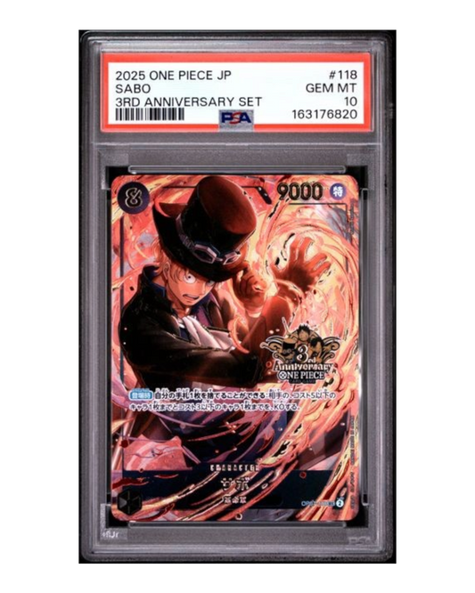 VaultifyUK PSA 10 graded Sabo OP07-118 3rd Anniversary Set alternate art card with Japanese text and fiery artwork