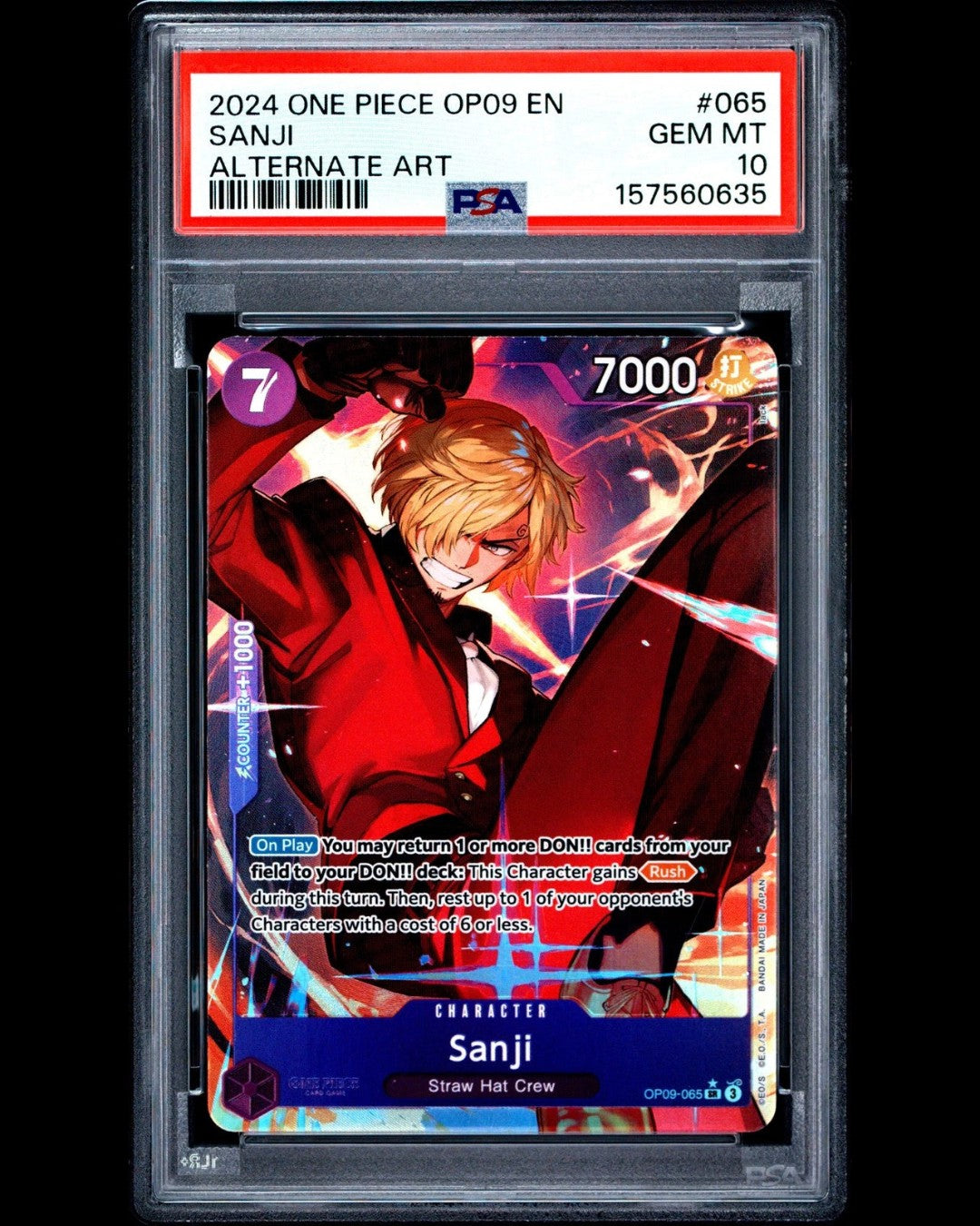 VaultifyUK PSA 10 Gem Mint Sanji OP09-065 alternate art trading card from One Piece Emperors in the New World set.