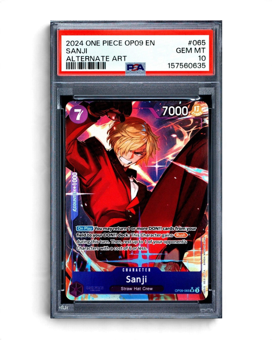VaultifyUK PSA 10 Gem Mint Sanji OP09-065 alternate art trading card from One Piece Emperors in the New World set.