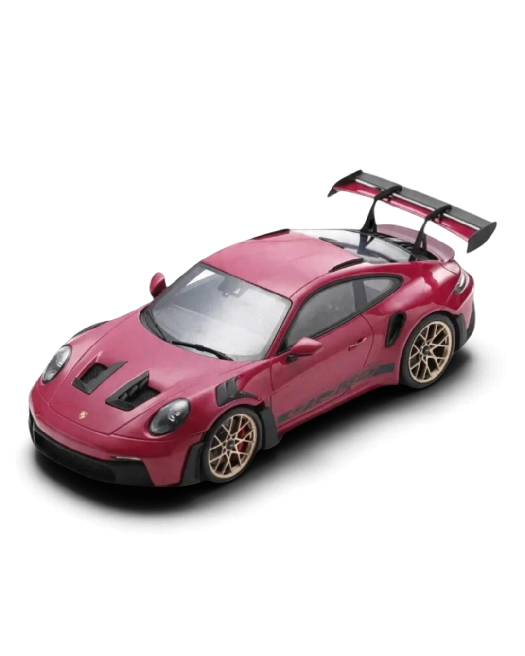 VaultifyUK 1:18 scale Schuco Porsche 911 992 GT3 RS model car in Rubystar magenta with gold wheels and rear wing
