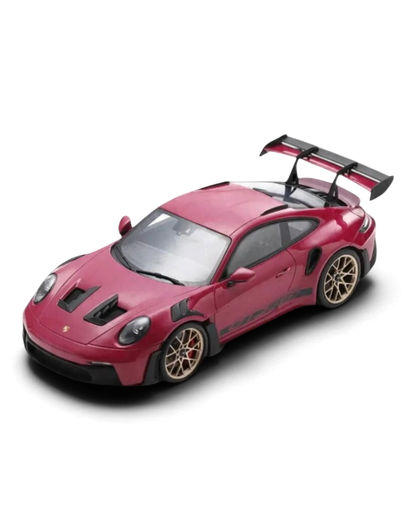 VaultifyUK 1:18 scale Schuco Porsche 911 992 GT3 RS model car in Rubystar magenta with gold wheels and rear wing