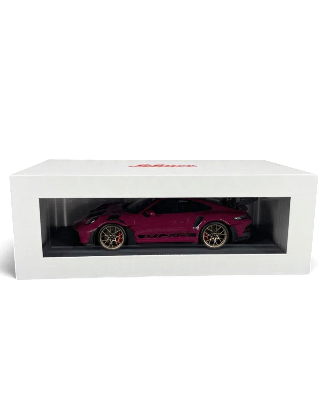 VaultifyUK Schuco 1:18 scale Porsche 911 992 GT3 RS model car in Rubystar magenta inside a display box