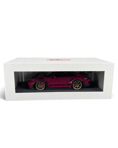 VaultifyUK Schuco 1:18 scale Porsche 911 992 GT3 RS model car in Rubystar magenta inside a display box