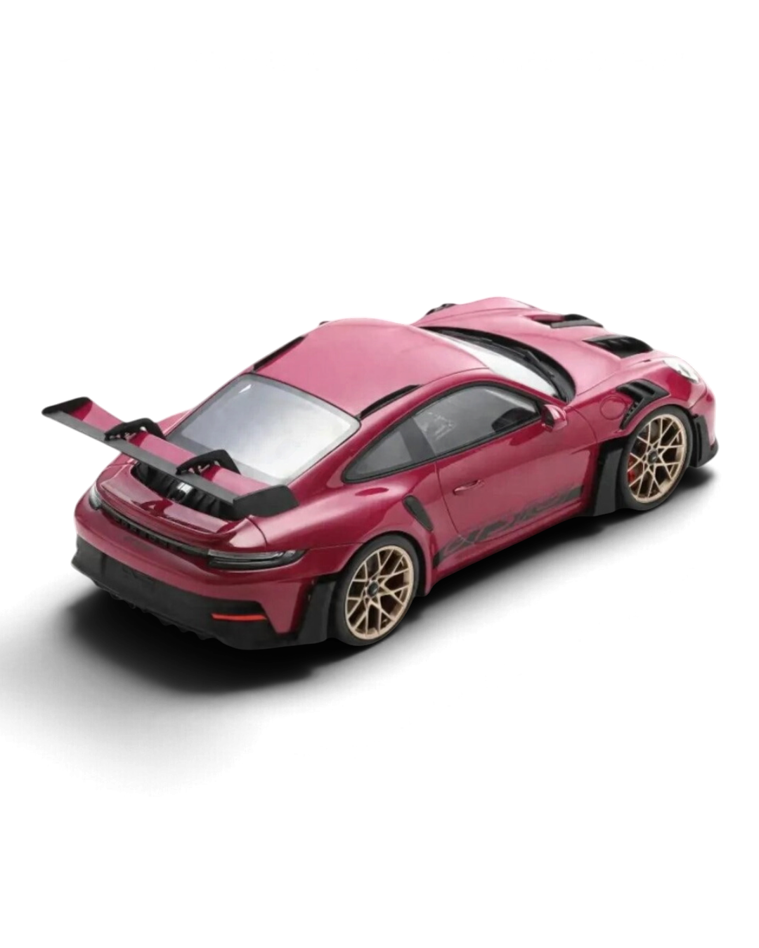 VaultifyUK Schuco 1:18 scale Porsche 911 992 GT3 RS model car in Rubystar magenta with gold wheels