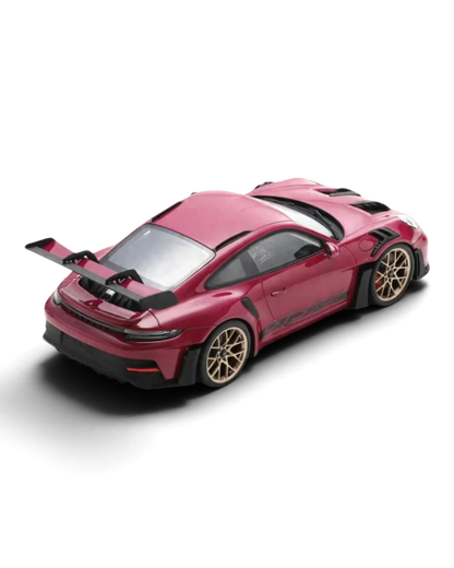 VaultifyUK Schuco 1:18 scale Porsche 911 992 GT3 RS model car in Rubystar magenta with gold wheels