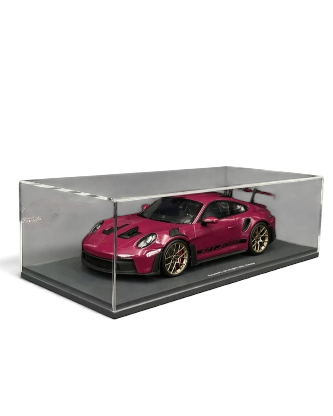 VaultifyUK Schuco 1:18 scale Porsche 911 GT3 RS model car in Rubystar magenta with gold wheels in a display case