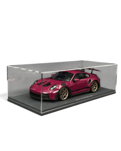 VaultifyUK Schuco 1:18 scale Porsche 911 GT3 RS model car in Rubystar magenta with gold wheels in a display case