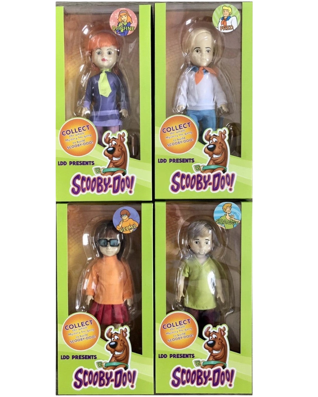 VaultifyUK Mezco Living Dead Dolls Scooby-Doo collector set featuring Daphne, Fred, Velma, and Shaggy in window boxes
