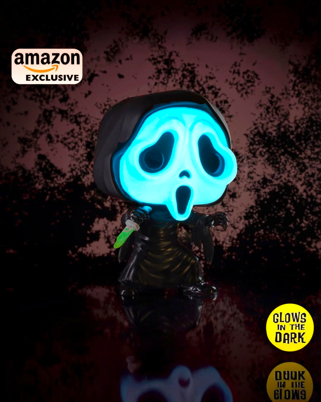 VaultifyUK Funko Pop Scream Ghost Face #1607 vinyl figure with a glowing blue mask and green knife in the dark