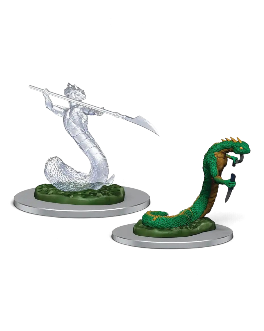 VaultifyUK Critical Role Serpentfolk and translucent ghost miniatures with spears on round bases for tabletop gaming.
