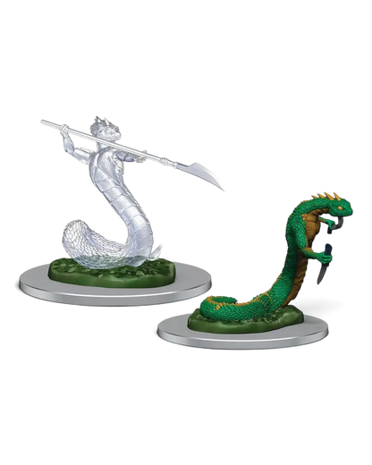 VaultifyUK Critical Role Serpentfolk and translucent ghost miniatures with spears on round bases for tabletop gaming.