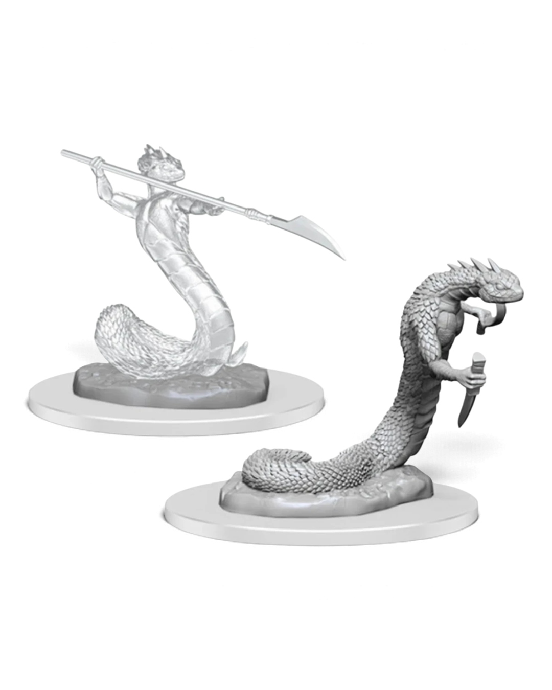 VaultifyUK Critical Role unpainted Serpentfolk and translucent Serpentfolk Ghost miniatures on round bases